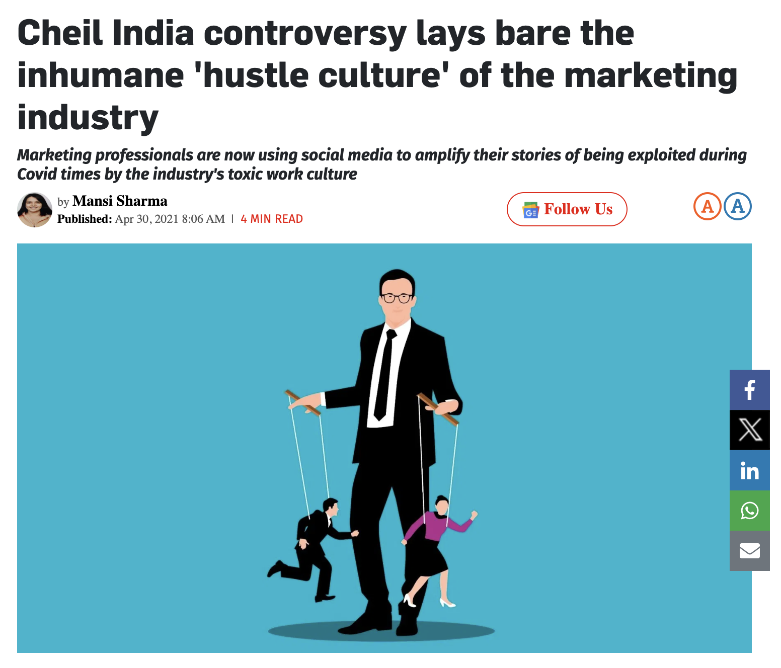 Exchange4media article on Cheil India and inhumane hustle culture