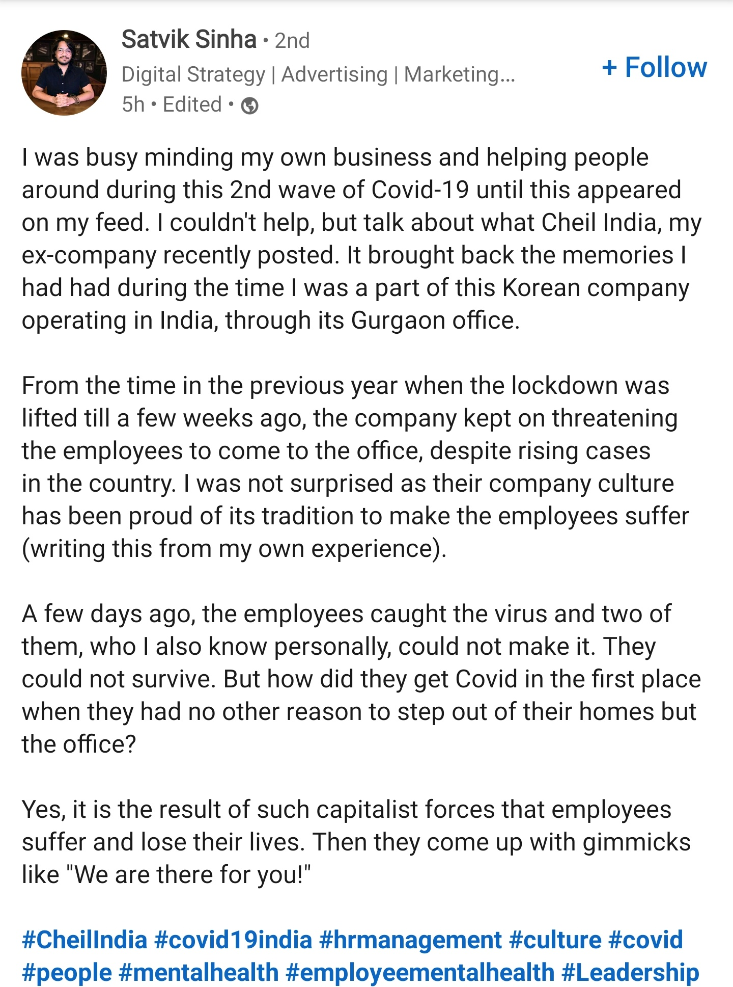 Original LinkedIn #DetoxWork post by Satvik Sinha
