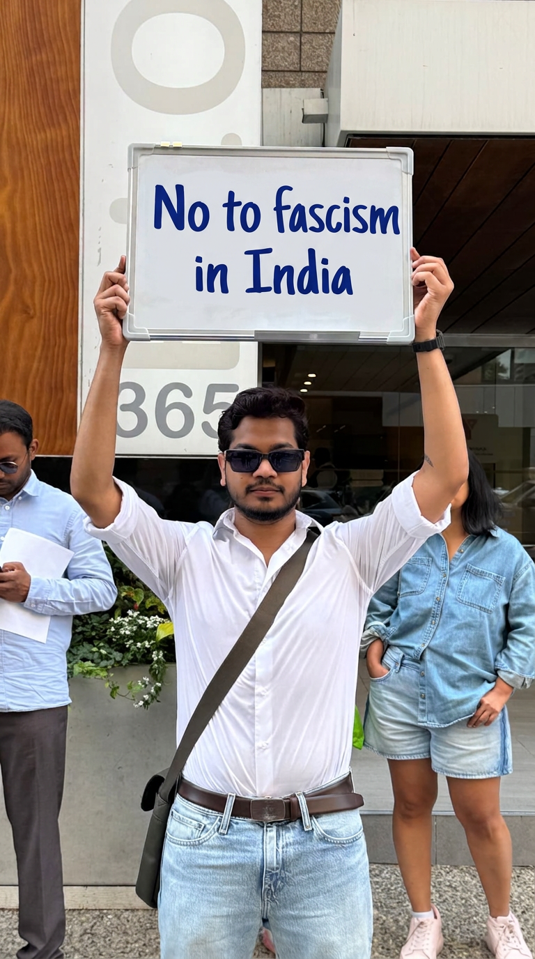 Satvik holding a sign at a demonstration in Toronto in solidarity with students in India